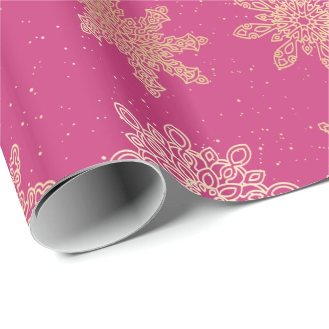 Elegant Gold & Pink Snowflake Christmas Pattern Wrapping Paper (Roll Corner)