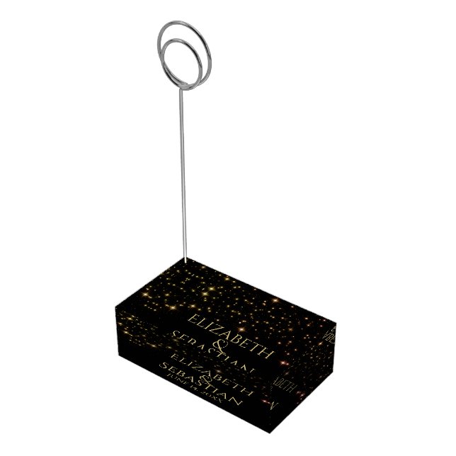 Elegant Gold & Pink Stars on Black Wedding Place Card Holder (Corner)