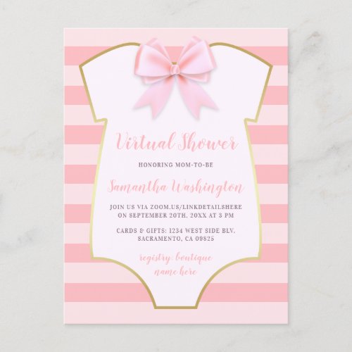 Elegant Gold  Pink Stripes Bow Virtual Shower Invitation Postcard