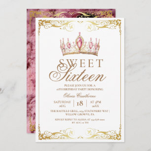 Elegant Gold & Pink Sweet 16 Crown Birthday Photo Invitation