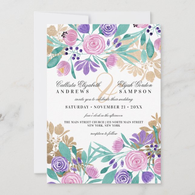Elegant Gold Pink Violet Floral Watercolor Wedding Invitation (Front)