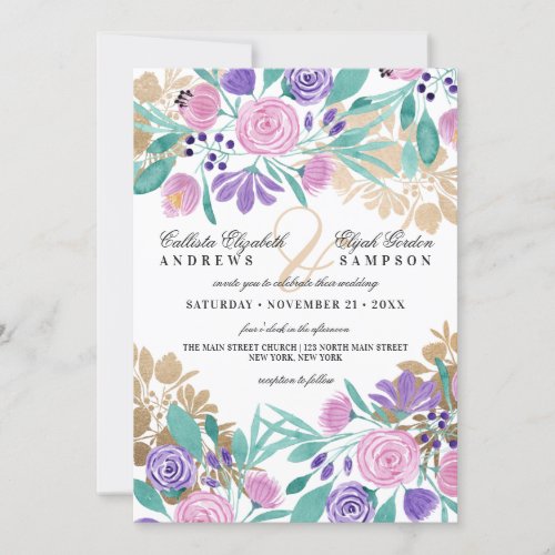 Elegant Gold Pink Violet Floral Watercolor Wedding Invitation