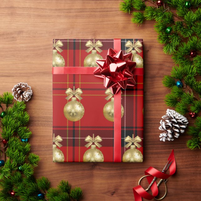Elegant Gold & Plaid Christmas Ornament Pattern Wrapping Paper (Holiday Gift)