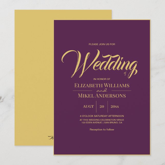Elegant Gold Plum Budget Wedding Invitation (Front/Back)