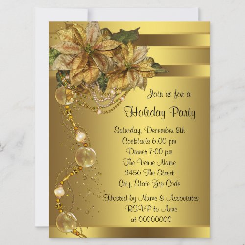 Elegant Gold Poinsettia Black Gold Christmas Party Personalized Announcement