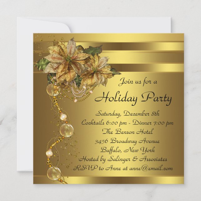 Elegant Gold Poinsettia Black Gold Christmas Party Invitation (Front)