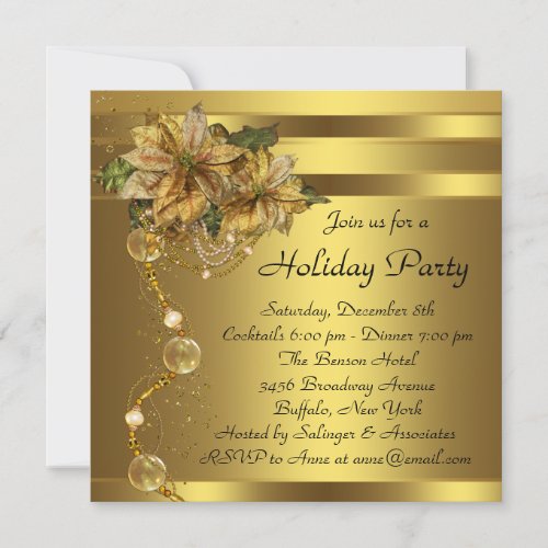 Elegant Gold Poinsettia Black Gold Christmas Party Personalized Invites