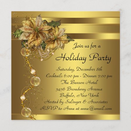 Elegant Gold Poinsettia Black Gold Christmas Party Invitation