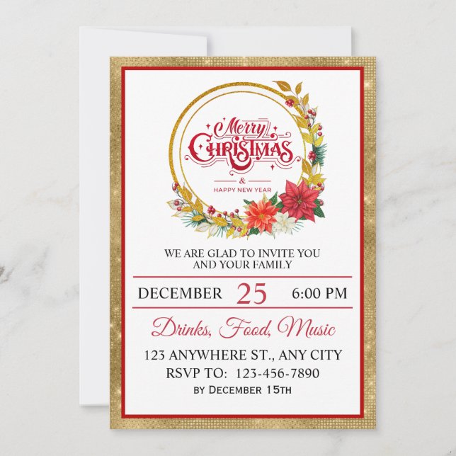 Elegant Gold & Poinsettia Christmas Party Invitation (Front)