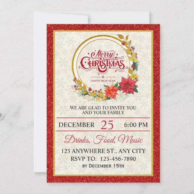 Elegant Gold & Poinsettia Christmas Party Invitation (Front)