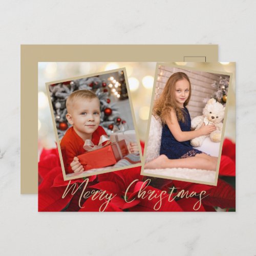 Elegant Gold Poinsettia Merry Christmas 2 Photos   Holiday Postcard