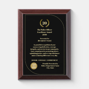 Elegant Gold Police 20 Year Award Plaque