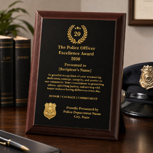 Elegant Gold Police 20 Year Award Plaque