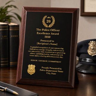 Elegant Gold Police 20 Year Award Plaque