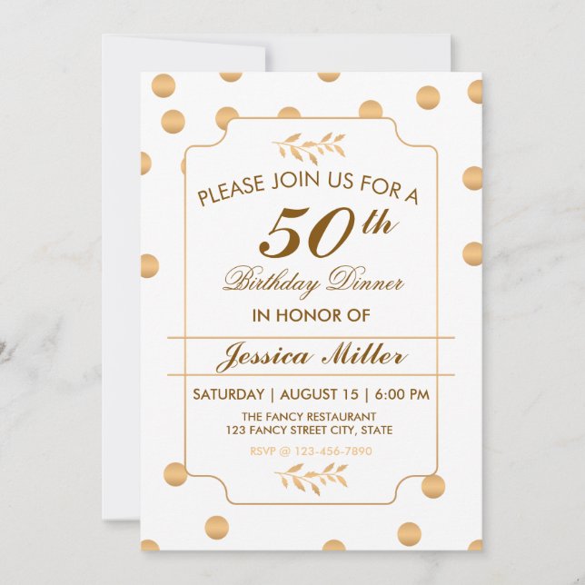 Elegant Gold Polka Dot 50th Birthday Invitation (Front)