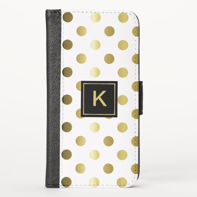 Elegant Gold Polka Dot Monogrammed iPhone Wallet Case (Front)
