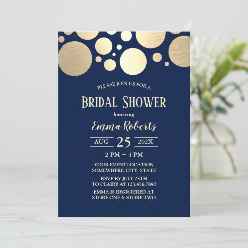 Elegant Gold Polka Dot Navy Blue Bridal Shower Invitation