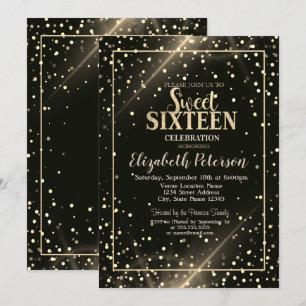 Elegant Gold Polka Dots, Black Sweet 16 Invitation