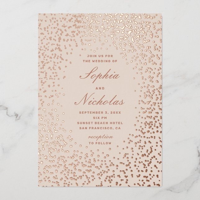 Elegant gold polka dots. Ivory blush wedding Foil Invitation (Front)