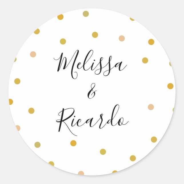 Elegant Gold Polka Dots Wedding Classic Round Sticker (Front)