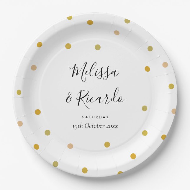 Elegant Gold Polka Dots Wedding Paper Plates (Front)