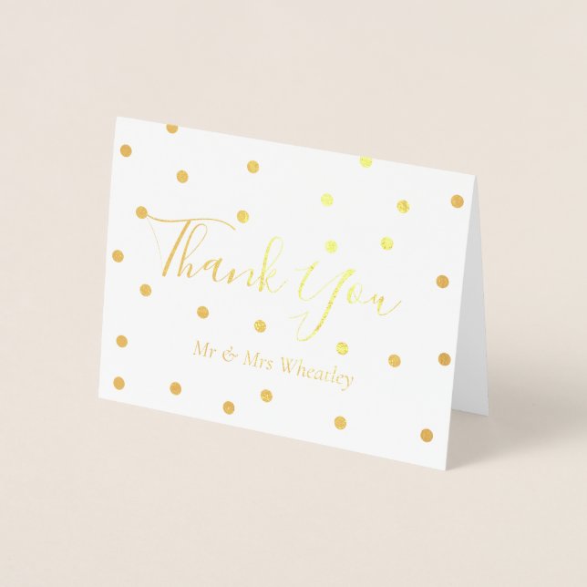 Elegant Gold Polka Dots Wedding Thank You Foil Card (Front)