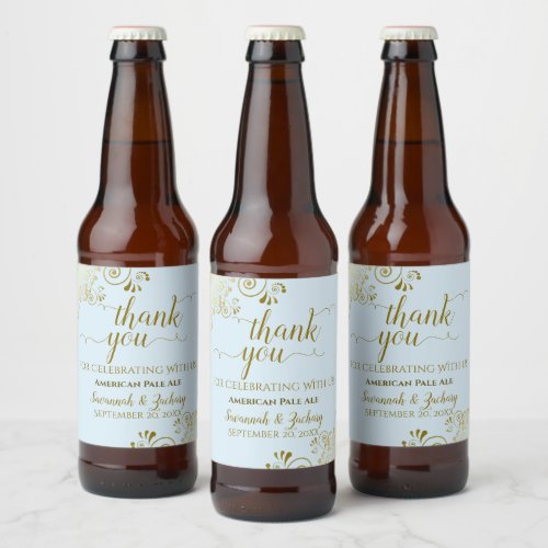 Elegant Gold Powder Blue Peach Wedding Thank You Beer Bottle Label