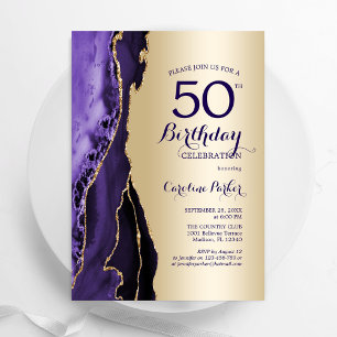Elegant Gold Purple Agate 50th Birthday Invitation