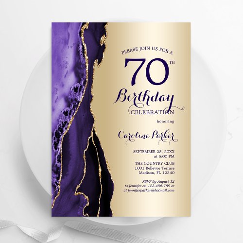 Elegant Gold Purple Agate 70th Birthday Invitation