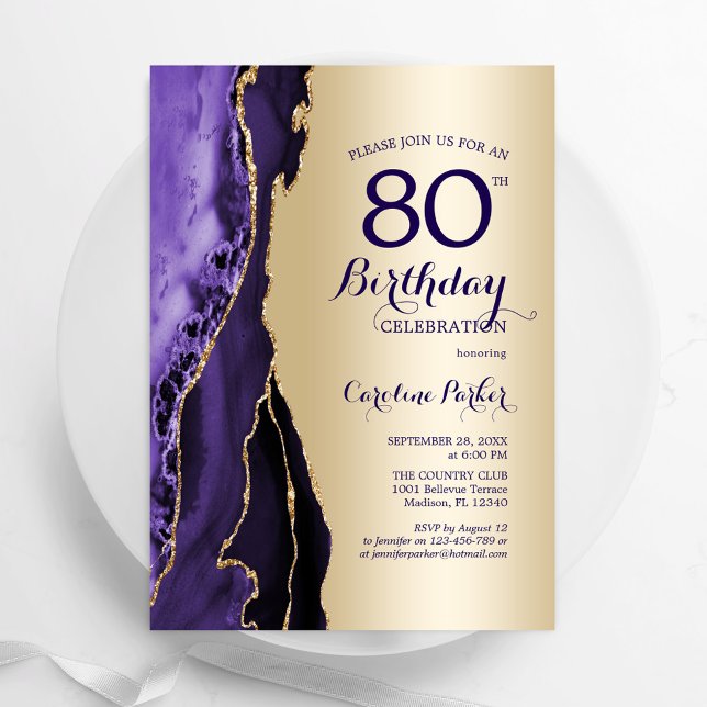 Elegant Gold Purple Agate 80th Birthday Invitation (Creator Uploaded)
