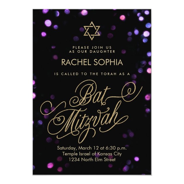 Elegant Gold & Purple Bat Mitzvah Party Invitation