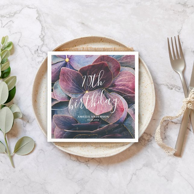 Elegant Gold Purple Blue Hydrangeas 70th Birthday Napkins (Creator Uploaded)