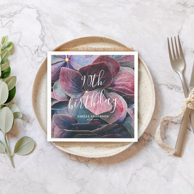 Elegant Gold Purple Blue Hydrangeas 90th Birthday Napkins (Creator Uploaded)