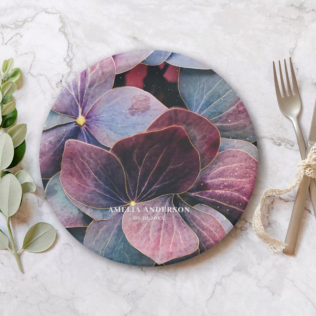 Elegant Gold Purple Blue Hydrangeas Birthday Party Paper Plates (Creator Uploaded)