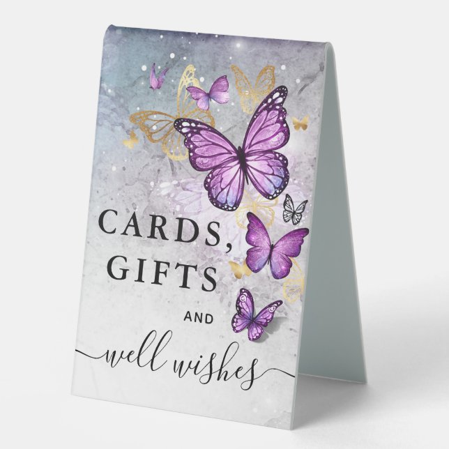 Elegant Gold Purple Butterfly Cards and Gifts Table Tent (Front)