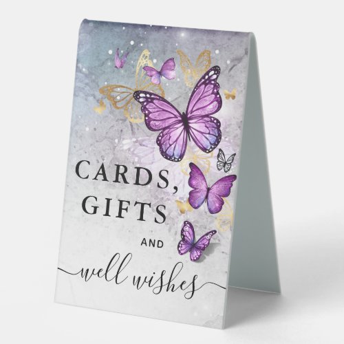 Elegant Gold Purple Butterfly Cards and Gifts Table Tent Sign