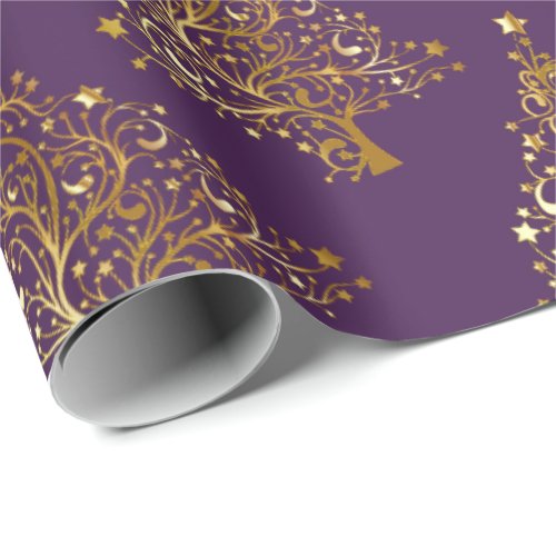 Elegant Gold Purple Christmas Tree Pattern Wrapping Paper