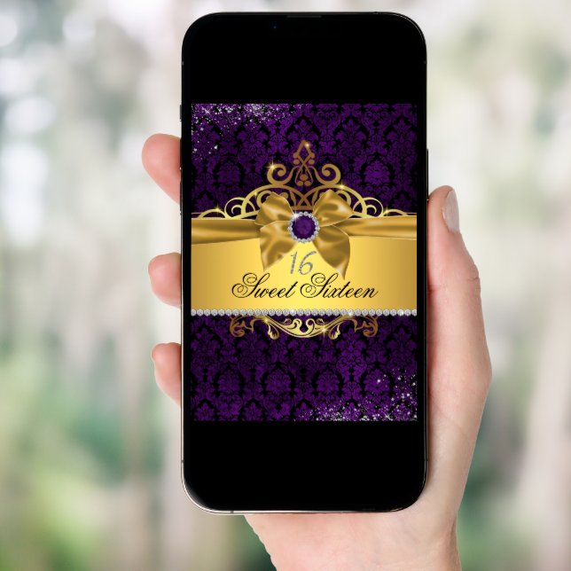 Elegant Gold Purple Damask Sweet Sixteen Invite (Front Digital)