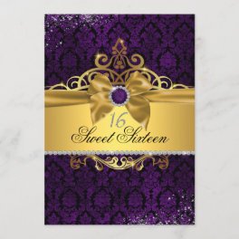 Elegant Gold Purple Damask Sweet Sixteen Invite