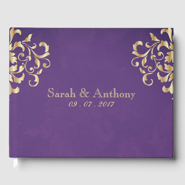 Elegant Gold & Purple Damask Wedding Guest Book (Front)