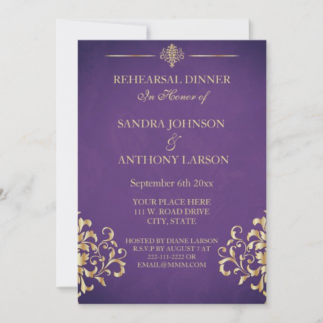 Elegant Gold & Purple Damask wedding Invitation (Front)