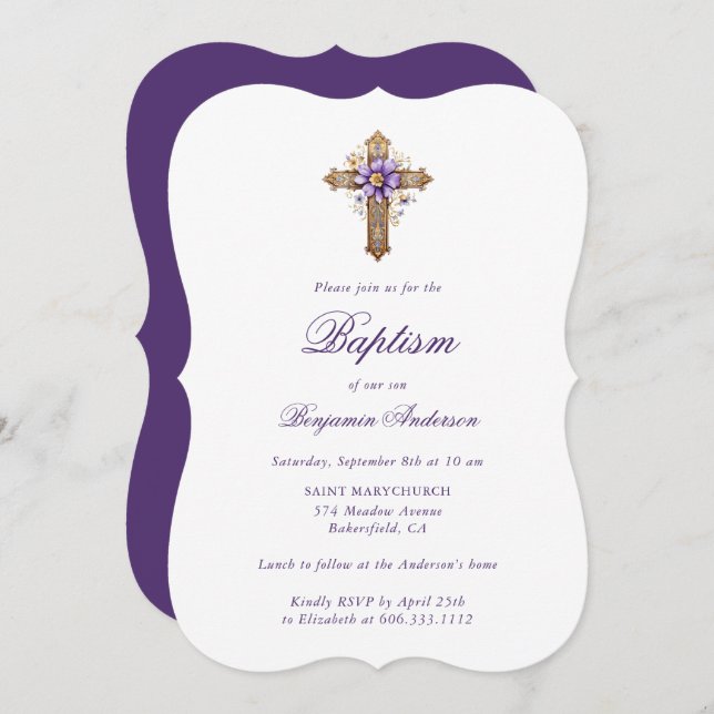 Elegant Gold Purple Floral Cross Boy Baptism Invitation (Front/Back)