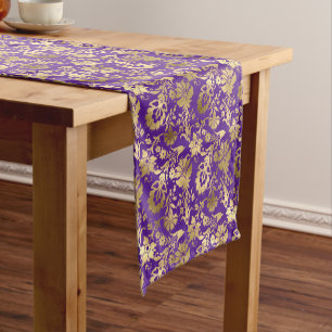 Elegant Gold Purple Floral Short Table Runner