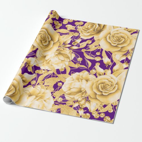 Elegant Gold Purple Floral w Glitter Confetti Wrapping Paper