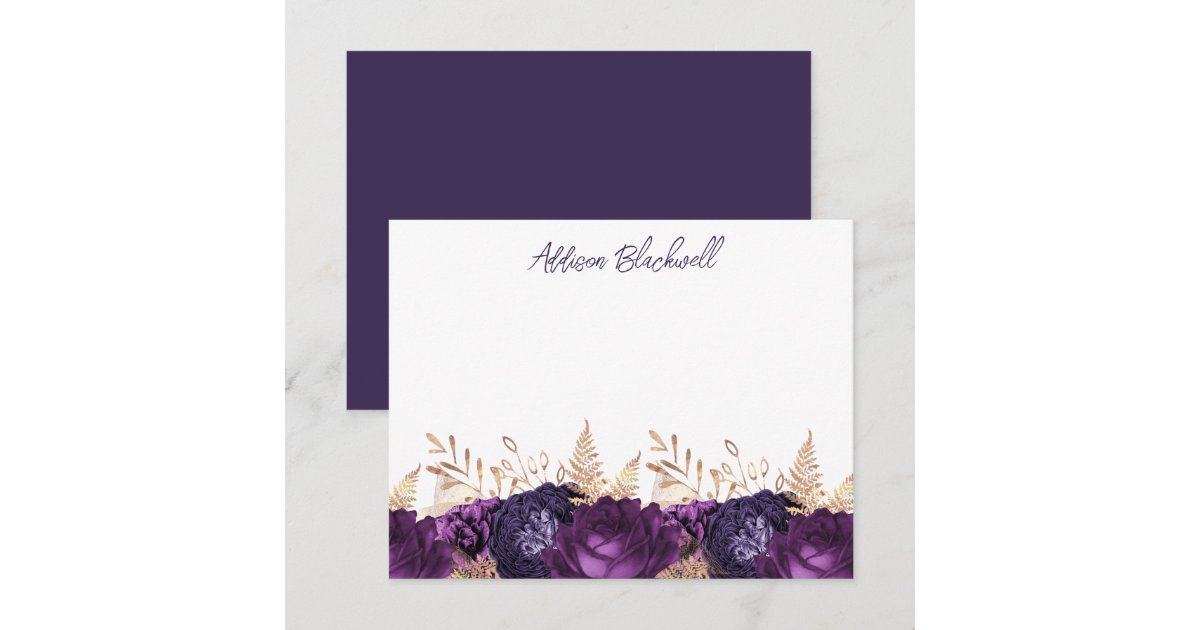 Elegant Gold Purple Flowers Personalized Name Note Card | Zazzle