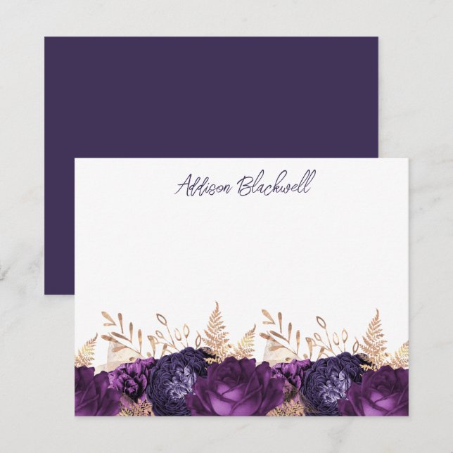 Elegant Gold Purple Flowers Personalized Name Note Card (Front/Back)