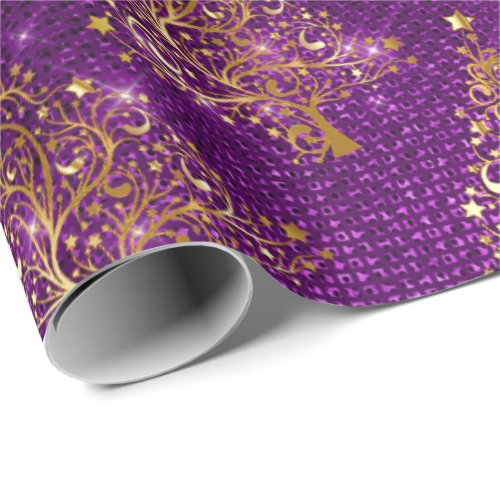 Elegant Gold Purple Glitter Christmas Tree Pattern Wrapping Paper