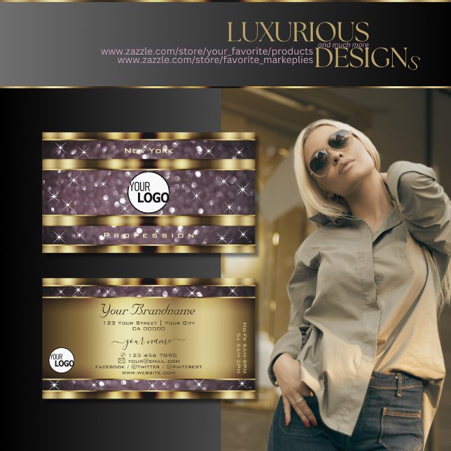 Elegant Gold Purple Glitter Sparkle Stars add Logo Business Card (Creator Uploaded)