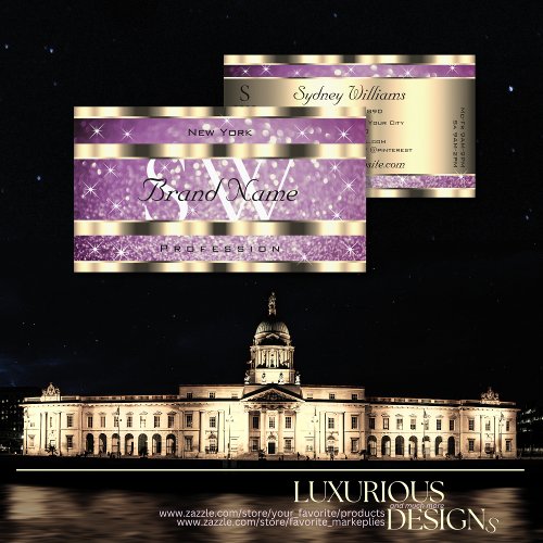 Elegant Gold Purple Glitter Sparkle Stars Monogram Business Card