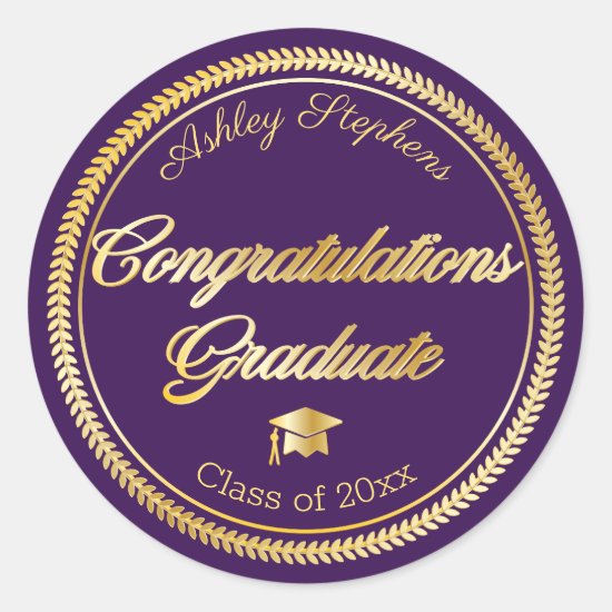 Elegant Gold | Purple Grad Cap Class of 2021 Classic Round Sticker